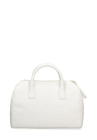 Borsa a mano in pelle bianca con motivo logo in rilievo, forma arrotondata, doppio manico superiore e chiusura a zip. Presenta accenti in metallo dorato.