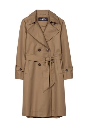 Beiger Trenchcoat mit doppelreihiger Vorderseite, großen Revers, einem gebundenen Taillengürtel und geknöpften Manschetten. Glatter, strapazierfähiger Stoff ohne Muster.