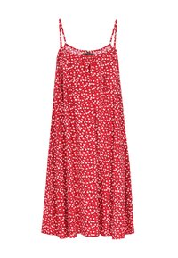 Rochie roșie fără mâneci, cu bretele ajustabile, având un imprimeu floral cu flori albe. Croială lejeră, cu detalii pliate la gât.