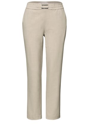 Beige gerade geschnittene Hose mit elastischem Bund und Metall-Schnallendetail vorne, aus leichtem Stoff.