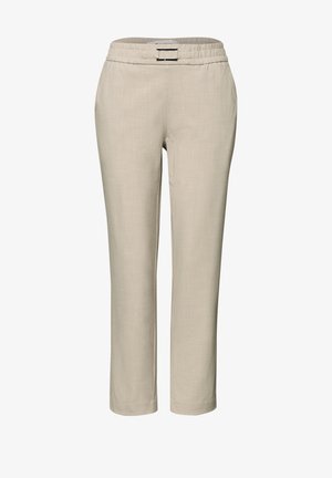 Beige gerade geschnittene Hose mit elastischem Bund und Metall-Schnallendetail vorne, aus leichtem Stoff.