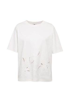 Weißes T-Shirt mit kurzen Ärmeln, Rundhalsausschnitt und dezentem floralen Cut-Out-Stickmuster entlang des unteren Vorderteils.