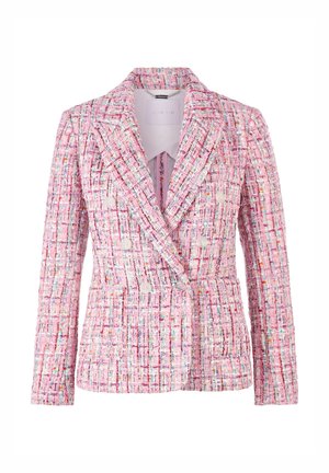 Dobbeltbrystet blazer i pink tweed-stof med multikolorede detaljer, med sofistikerede klapper og klare knapdetaljer. Struktureret overflade hele vejen igennem.