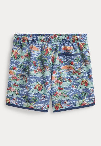 Μαγιό σορτς από ελαφρύ ύφασμα, με ζωηρό μπλε τροπικό μοτίβο με λουλούδια, κύματα και φοινικόδεντρα. Ελαστική μέση, πλαϊνή τσέπη.
