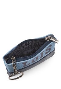 Billetera de tela azul y gris oscuro con cierre de cremallera, llavero y detalle de logotipo impreso. Superficie texturizada con costuras visibles.