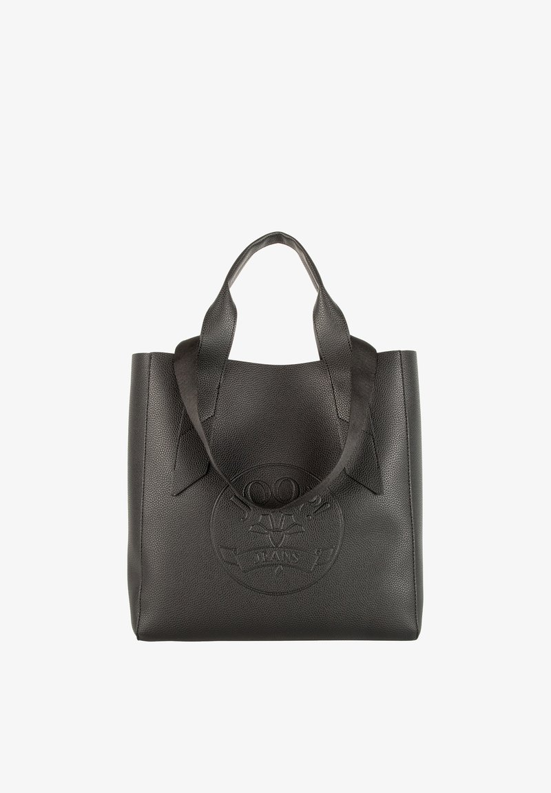 Črna usnjena torba z grudasto teksturo, dvema trdnima ročajema in reliefnim logotipom na sprednji strani. Pravokotna oblika z odprtim zgornjim delom.