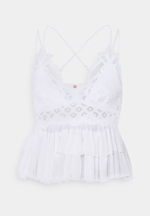 Biały koronkowy top bez rękawów z falistymi brzegami, cienkimi skrzyżowanymi ramiączkami i zwiewnym plisowanym dolnym brzegiem.