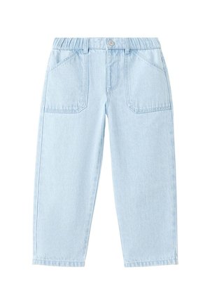 Lyseblå denim bukser med elastisk linning, frontknap, bæltestropper og store frontlommer med lap.