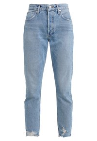 Světlé modré džínové kalhoty s vysokým pasem, rovného střihu, s opotřebovanými detaily na kolenou a jemným vyblednutím po celé délce.