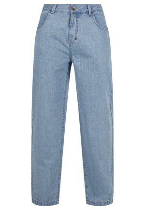 Lysvaskede denimbukser med løs passform, høy midje, fem lommer og en enkelt knappelukking.