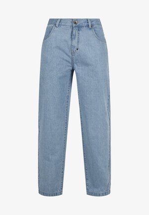 Jeans aus hellblauem Denim mit lockerer Passform, hoher Taille, Fünf-Taschen-Design und einem einzigen Knopfverschluss.