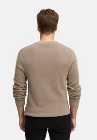 Beige strukturierter Pullover mit Rippdesign, langen Ärmeln und Rundhalsausschnitt, von hinten betrachtet, kombiniert mit schwarzen Hosen.