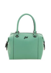 Borsa a tracolla verde in pelle con forma arrotondata, manici corti, cerniere e dettagli in metallo nero. Presenta un logo sul davanti.