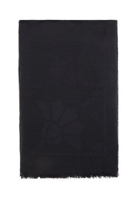Écharpe noire avec un motif floral texturé, bords frangés et tissu doux. Forme rectangulaire, conçue pour apporter chaleur et style.