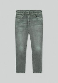 Jean en denim gris avec une coupe slim, doté de cinq poches, d'une fermeture à boutons, et d'un effet délavé pour un aspect usé.