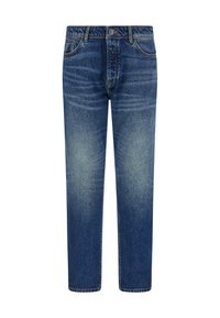Modre jeans hlače s ravnim krojem, z lahkim bledilom, zankami za pas in klasičnim pet-žepnim dizajnom z zaponko iz kovine.