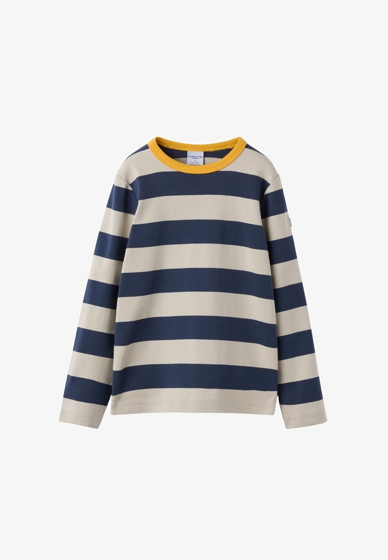 Gestreiftes Langarmshirt in Marineblau und Creme mit einem gelben Rundhalsausschnitt. Aus weichem Stoff, mit lockerer Passform und ohne sichtbare Hardware.