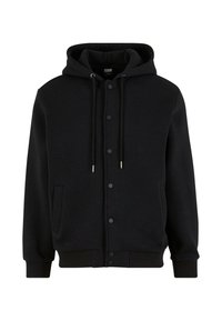 Zwarte hoodie met een knoopsluiting aan de voorkant, trekkoorden aan de capuchon, twee zijzakken, geribbelde boorden en een zachte textuur.