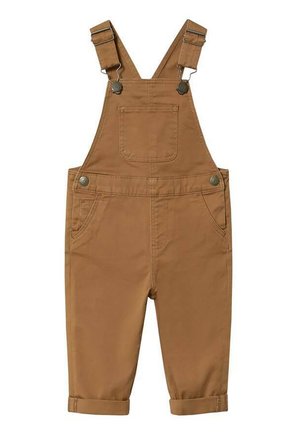 Bruine katoenen tuinbroek met verstelbare bandjes, een voorzak en omgeslagen pijpen. Voorzien van metalen accenten en een gladde textuur.