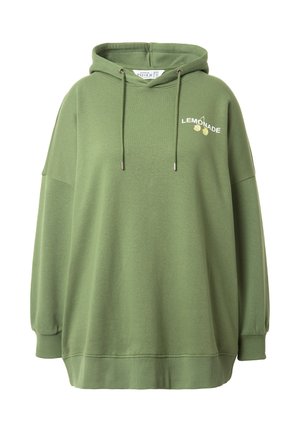 Groene oversized hoodie van katoen met een trekkoord capuchon. Heeft de tekst "LEMONADE" en fruitgraphics op de borst. Vriendelijke textuur.