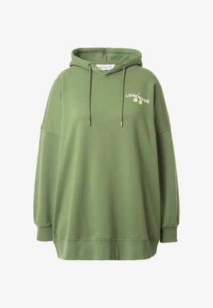 Grüne, übergroße Kapuzenjacke aus Baumwolle mit verstellbarem Kapuzenzug. Eingerahmt mit dem Text "LEMONADE" und Fruchtgrafiken auf der Brust. Glatte Textur.