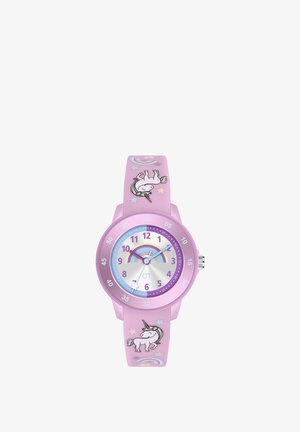 Rosa Silikon-Uhr mit einem Einhorn-Design, Regenbogenakzenten, weißem Zifferblatt und bunten Markierungen. Ideal für verspielte Stylings.
