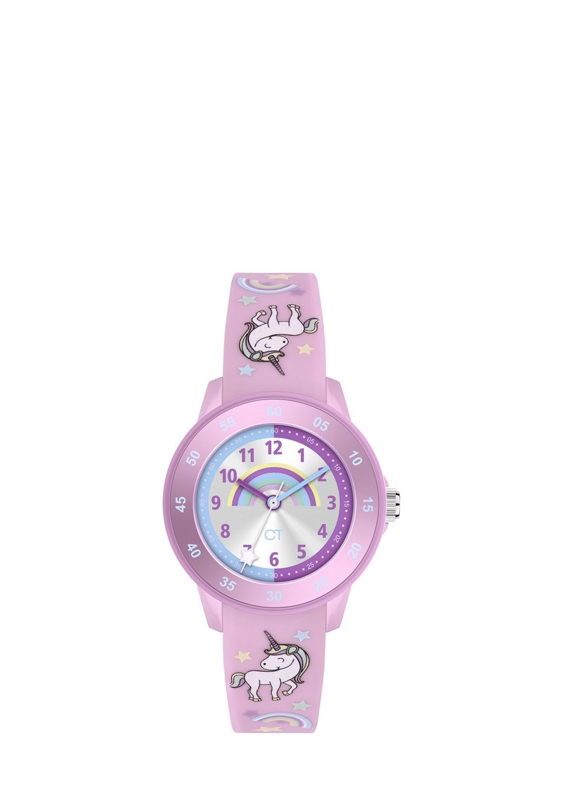 Rosa Silikon-Uhr mit einem Einhorn-Design, Regenbogenakzenten, weißem Zifferblatt und bunten Markierungen. Ideal für verspielte Stylings.