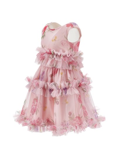 Ροζ αμάνικο φορεματάκι για νήπια με λουλουδάτο μοτίβο, στρωμένα βολάν στο κορσάζ και στην φούστα, και διαφανείς λεπτομέρειες υφάσματος.