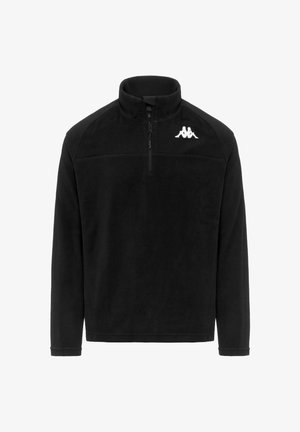 Pullover in pile nero con zip a quarto davanti e logo Kappa bianco sul petto a sinistra, con maniche lunghe e collo alto.