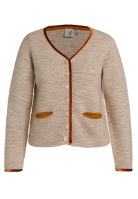 Beige stickad cardigan med V-hals, orange sammetsdetaljer, fem knappar och två framlommer. Den strukturerade väven ger visuell intress.