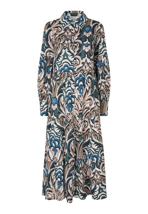 Kragenkleid aus gewebtem Stoff mit einem bunten Blumenmuster in Blau-, Rosa- und Erdtönen. Lange Ärmel und gestuftes Design.