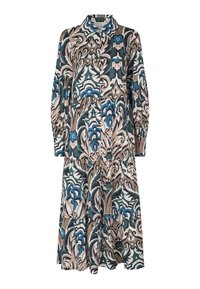 Langes, collariertes Kleid mit floralem Muster in Blau, Türkis und Pink auf hellem Hintergrund. Hergestellt aus leichtem Stoff, mit puffärmeligen Ärmeln und gestuftem Rock.