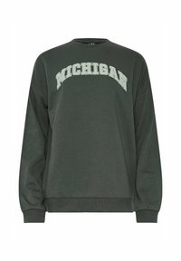 Felpa verde scuro con maniche lunghe, polsini e orlo a costine, caratterizzata dalla scritta "MICHIGAN" in lettere chiare e curve sulla parte anteriore.