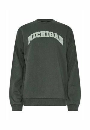 Donkergroene sweatshirt met lange mouwen, geribde manchetten en zoom, met "MICHIGAN" in gebogen, lichtgekleurde tekst op de borst.