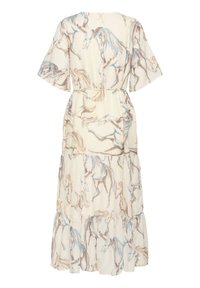 Maxikleid in hellem Creme mit einem Pferdedruck in Blau und Braun, kurzenÄrmeln, einem Taillengürtel und einem gestuften Rüschensaum. Textil mit Struktur.
