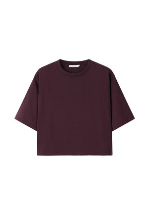 T-shirt court à manches courtes, coupe ample et raccourcie, de couleur bordeaux foncé, avec encolure ronde et design simple.
