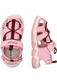 Rosa sandaler med nät- och syntetmaterial, utrustade med justerbara remmar, gummisulor och en semitransparent sula.