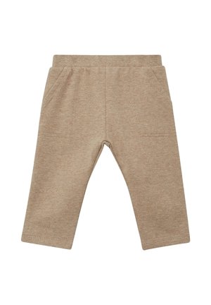 Pantalon en coton beige avec une texture douce, taille élastique et deux poches avant. Présente une coupe droite et une couleur unie.