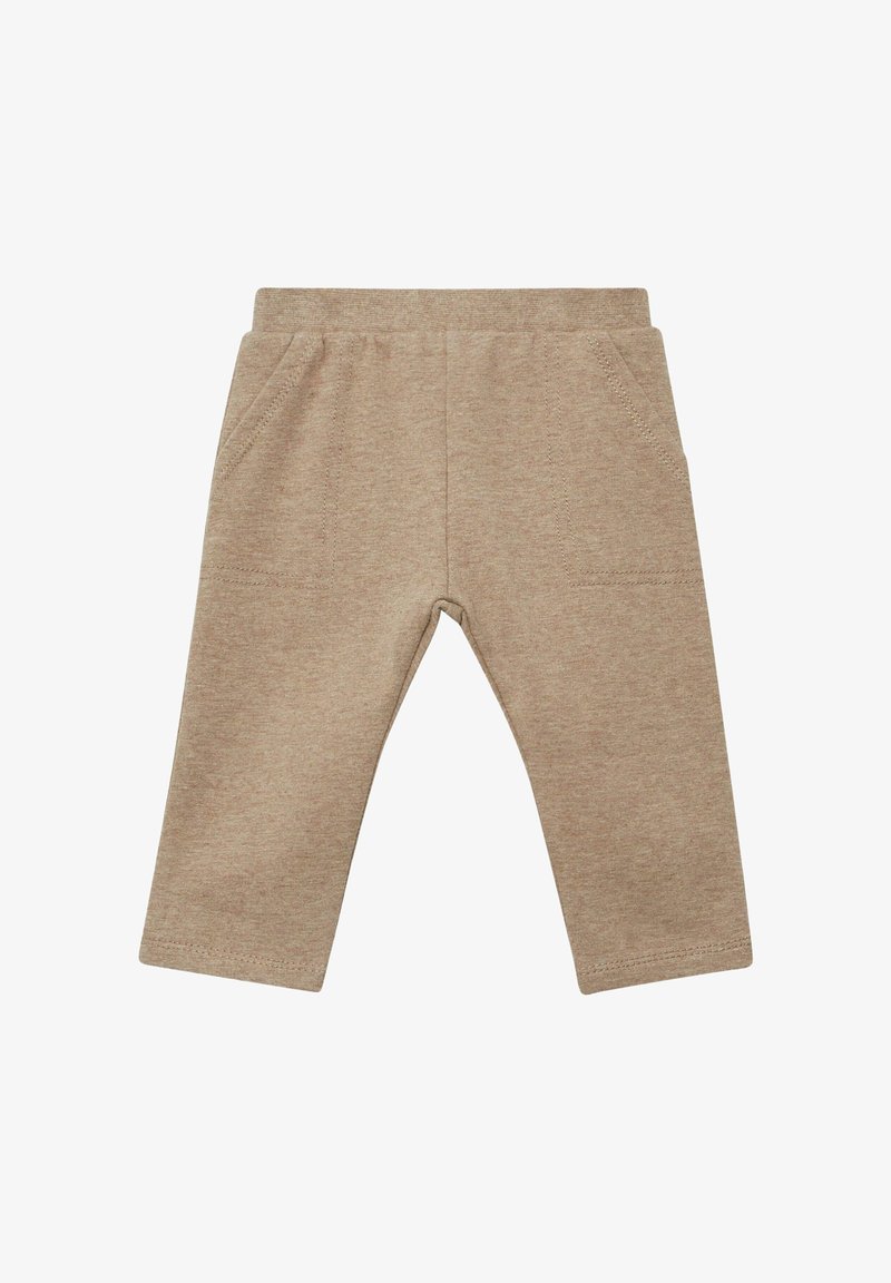 Pantalon en coton beige avec une texture douce, taille élastique et deux poches avant. Présente une coupe droite et une couleur unie.