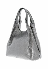 Borsa a tracolla in pelle grigia metallica con superficie texturizzata, doppi manici e design morbido. Forma arrotondata con dettagli cuciti.