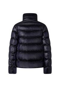 Puffjacka, mörk marinblå, kviltad design, hög krage, elastiska mudd, skimrande finish, isolerad, bakvy utan synlig maskinvara eller logotyper.