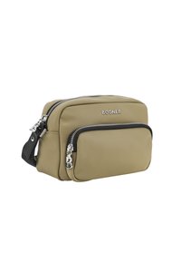 Borsa a tracolla compatta in nylon verde oliva con cerniere argentate e dettagli neri, con un compartimento principale e una tasca frontale.