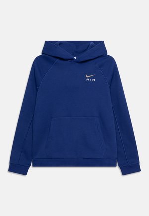 Felpa con cappuccio blu realizzata in tessuto morbido, con tasca frontale, polsini a coste, cappuccio con coulisse e un piccolo logo sul petto.