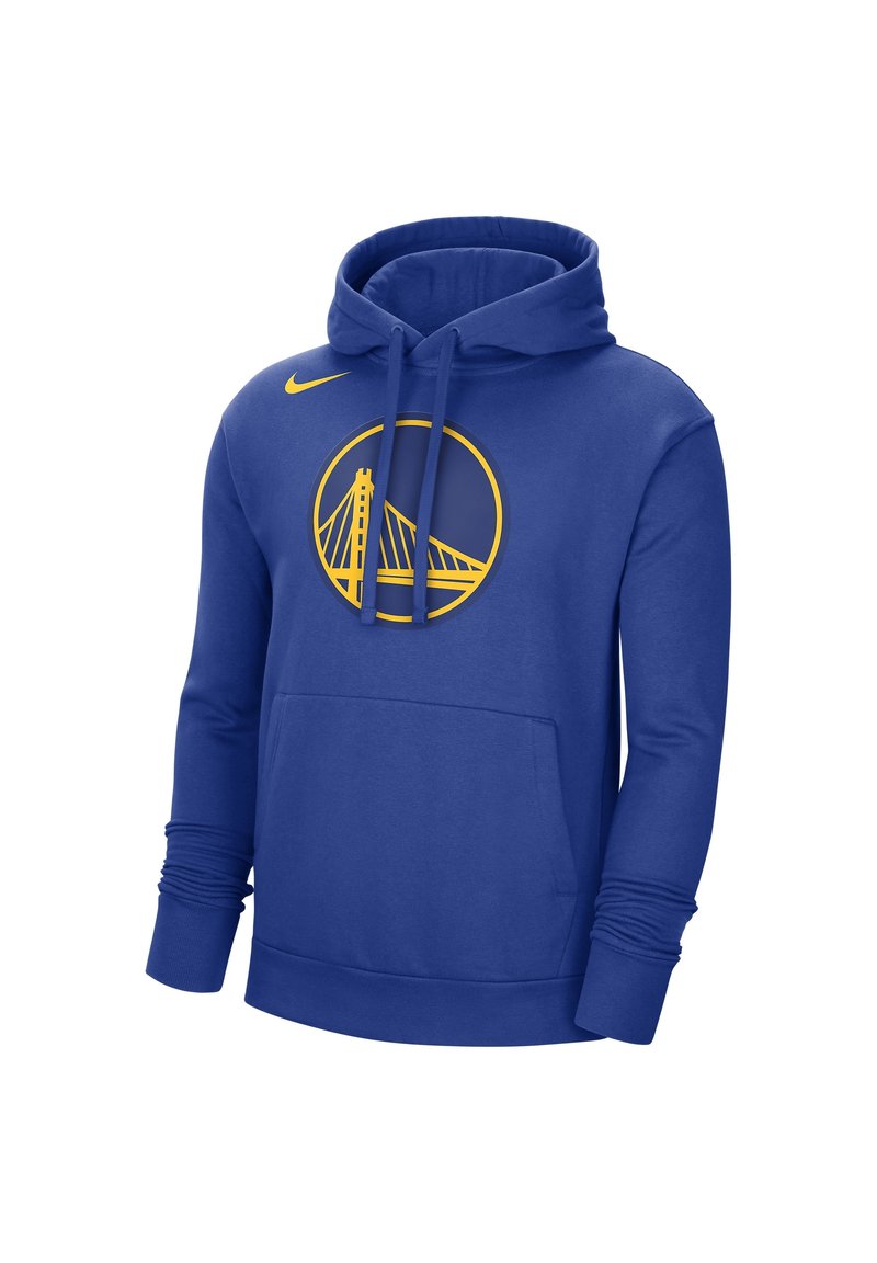 Hoodie Nike bleu avec un graphique circulaire doré représentant un pont et un logo, doté d'une poche avant et de cordons de serrage ajustables. Matière douce.