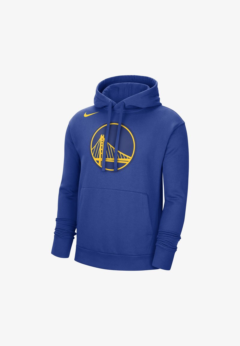 Hoodie Nike bleu avec un graphique circulaire doré représentant un pont et un logo, doté d'une poche avant et de cordons de serrage ajustables. Matière douce.
