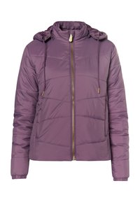Jachetă puffer mov cu glugă, dotată cu fermoar frontal și accesorii aurii, concepută cu textură matlasată și manșete elasticizate.