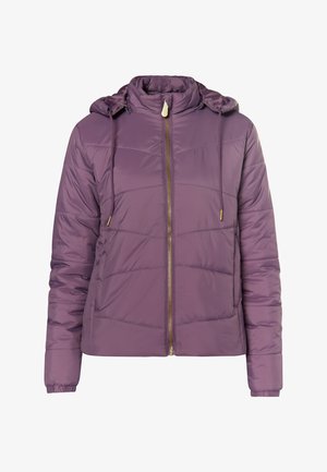 Giacca a vento viola con cappuccio, caratterizzata da una zip frontale e dettagli in oro, progettata con texture trapuntata e polsini elastici.