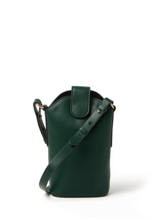 Green leather crossbody bag with a structured shape, rounded top, flap closure, and an adjustable strap. Features gold-tone hardware accents.