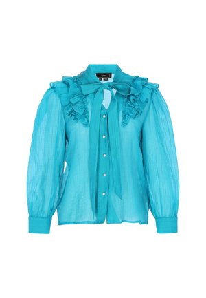 Türkiz átlátszó blúz fodros gallérral, hosszú ujjakkal és gombos elülső résszel. Kötő részletekkel és finom textúrával rendelkezik. Gyöngyházfényű gombok díszítik az elülső részt.