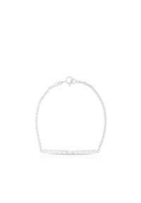 Bracciale in argento con una fine catena di piccoli anelli decorativi e una chiusura a moschettone rotonda. Superficie liscia e leggero luccichio.